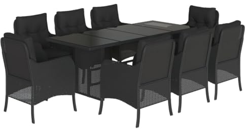 vidaXL Garten Essgruppe 9-TLG., Gartenmöbel Set Tisch mit 8 Stühle, Gartengarnitur mit Kissen, Sitzgruppe Essgarnitur Terrasse, Schwarz Poly Rattan
