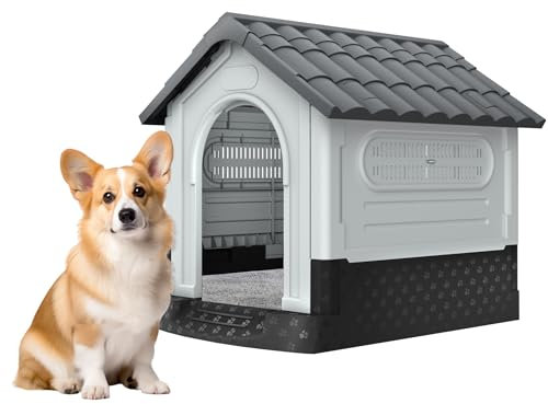 FIVMEN Hundehütte Outdoor Hundehöhle Hundehaus mit Tür und Oberlichter Wasserdicht & UV-beständig Draußen Kunststoff Haustierhaus Grau,79,5x70,5x78cm