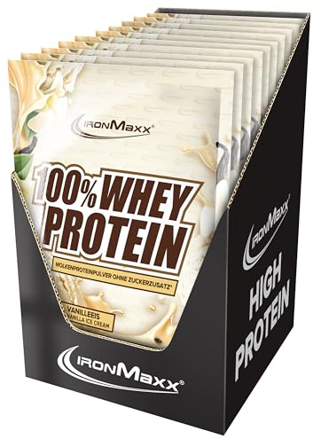 IronMaxx 100% Whey Protein Polvo - Vanilla Ice Cream 10 x 30g Bolsa | Proteína de suero de leche reducida en azúcar y soluble en agua | Disponible en muchos sabores diferentes