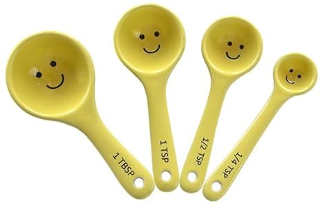 Sass & Belle Happy Löffel-Set – gelbe Keramik Messbecher und Löffel zum Backen – kleiner Maßlöffelset – Kochzubehör – knusprig und Belle-Design