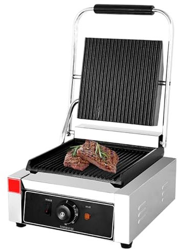 QUTBAG Electric Panini Press Grill, Commercial Contact Sandwich Toast Maker with 50-300℃ Temperature Control, Non-Stick Hamburger Baking Machine for Making Breakfast, Steak, Hamburgers Single Head