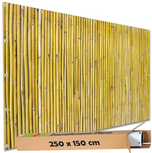 TRIOSK Sichtschutz Garten Deko Zaun Plane Blickdicht groß mit Zaunblende Motiv Bambus Stäbe Optik für Balkon Terrasse Zaunelement Doppelstabmatten Gartenzaun PVC 250x150 cm Beige