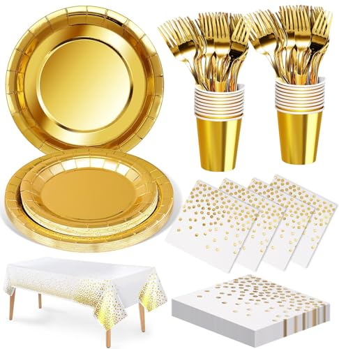 Nkaiso Vajilla de Fiesta - 141 Piezas Dorado Artículos de Fiesta, Incluye Platos de Papel, Vasos, Servilletas para Cumpleaños Infantil Party Decoración - 20 Invitados