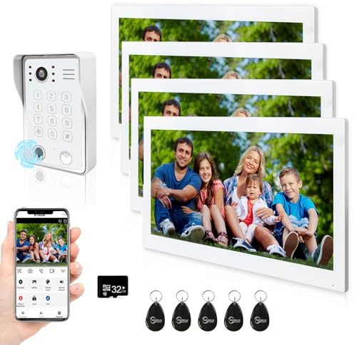Videoportero de 10 Pulgadas Timbre con Cable 1080P con Pantalla táctil, desbloqueo por Huella Dactilar/RFID/contraseña, integración con la aplicación Tuya para Casas (1 Timbre+4 Monitor)