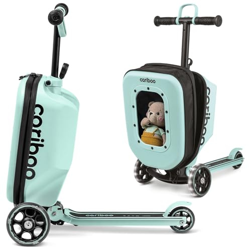 Cariboo iTravel sparkcykel för barn med resväska, 3 hjul, från 2 år, 2-i-1, hopfällbar, höjdjusterbar, upp till 50 kg, handbagage, mint
