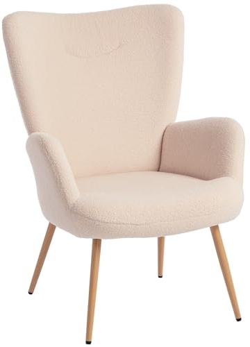 HOMCOM Poltrona Imbottita Moderna da Salotto, Poltrona Camera da Letto in Tessuto Sherpa con Schienale Alto e Braccioli, Poltroncina Relax con Telaio in Acciaio per Soggiorno, Beige
