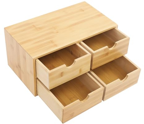 Organiseur de bureau à 4 tiroirs - Boîte de rangement en bambou - Station d'accueil - Organiseur de bureau - Pour la maison et le bureau - Boîte de rangement en bambou naturel