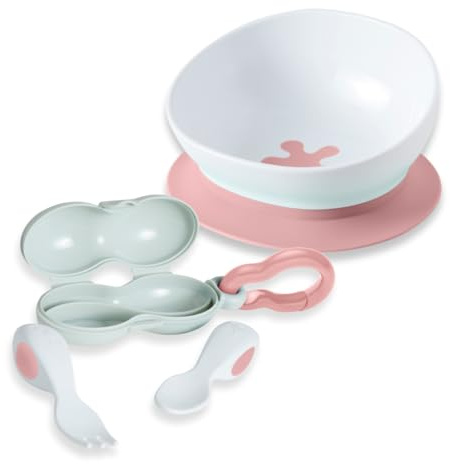 doddl Baby Cutlery Set (6–12 Months) – Spoon & Fork for Weaning, BLW Self-Feeding – Easy-Grip Handles & Safe Short Design (Dusky Rose Cutlery + Bowl)