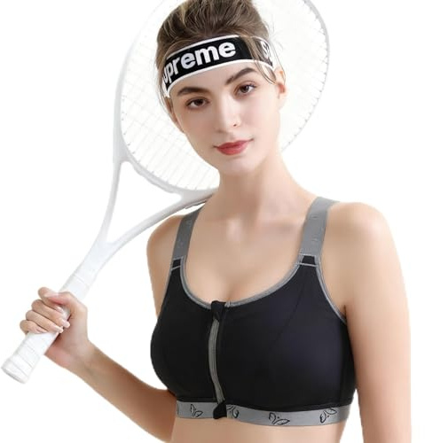 QIAOLINFEI Shock Absorber Sports Bras Women High Impact Full Support Racerback Padded Running Bra (UK, Alpha, S, Regular, Regular, 1, Black and Gray)