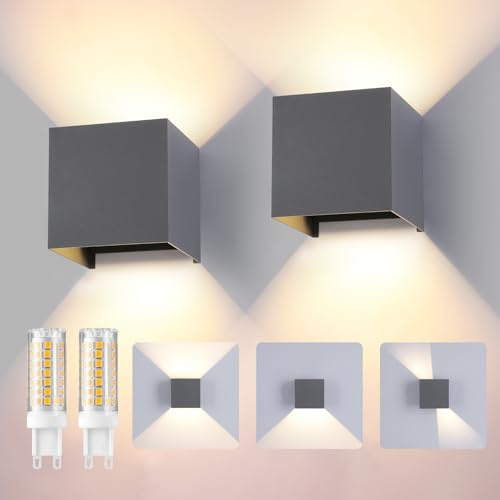 YCZM Applique da Esterno con 9W 3000K Bianco Caldo G9 Sorgente Luminosa Sostituibile Applique da Parete Interno IP65 Impermeabile Lampade da Esterno Angolo del Fascio Regolabile【2 Pezzi Grigio Scuro】