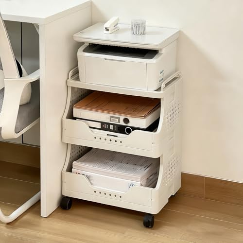 JDPYURV Carro para Impresora con Ruedas Bloqueables, Organizador Apilable 2 y 3 Niveles Blanco Crema, Soporte Móvil PP para Oficina en Casa, bajo Escritorio(3-Layer)