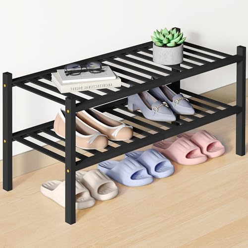 smiry Natural Bamboo Shoe Rack, 2 Tier Wooden Stackable Shoe Storage Organiser, Free Standing Shoes Storage Shelf for Entryway, Hallway, Small Spaces, Living Room, Black