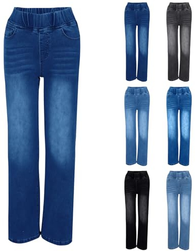 Womens Wide Leg Jeans Elastic High Waisted Jeans Tummy Control Pull On Denim Trousers Stretchy Baggy Flared Trousers Boyfriend Y2K Denim Pants Straight Leg Jean with Pockets Streetwear