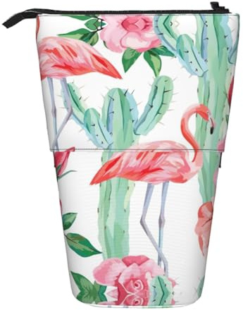hgnbcsa Cactus Flamingo Rose Flowers Print Zipper Pencil Case, Telescopic Design Bag, Compact to Expandable, for Stationery Cosmetic Items