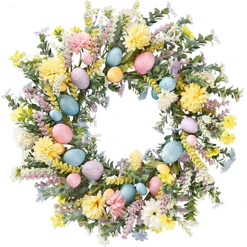 Osterkranz mit Ostereiern - Künstliche Weidekranz für Ostern - Frühlingsdeko Kranz für Tür und Wand - Osterdeko mit bunten Eiern, Blumen und Hasen - Haus, Garten & Party