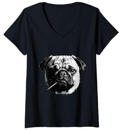 Mujer Pug con Palillo De Dientes Divertido Perro Matón Gángster Meme Camiseta Cuello V