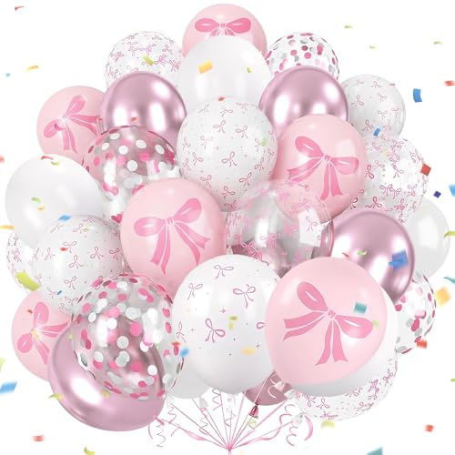 60 Pezzi Palloncini con Fiocco Rosa, Palloncini Rosa e Bianchi | Palloncino Fiocco, Palloncino Metallizzati per Compleanno, Baby Shower, Matrimonio