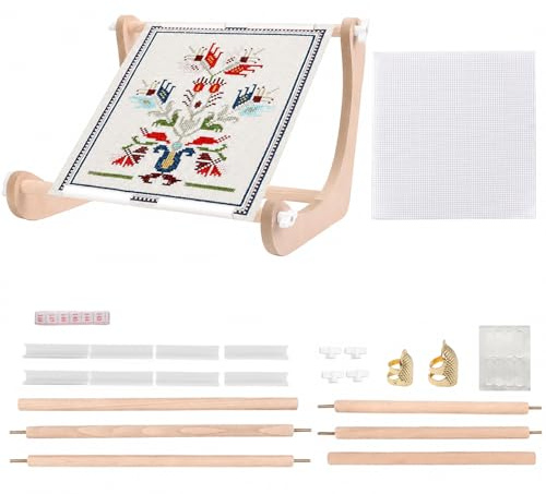 Adjustable Cross Stitch Frame & Embroidery Stand, Wooden Hoop Holder | Wood & 45x30cm Fabric, Non-Slip Base for Needlework/Quilting/Tapestry, Cross Stitch Kit