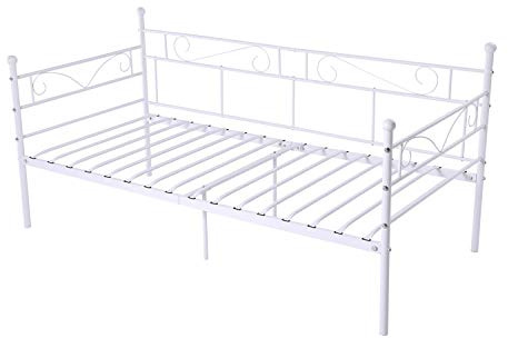 LiePu Sofá Cama Metálica Diván Cama para Dormitorio Salón Cuarto de Invitados,Adecuado para Colchón de 90 * 190 cm,Blanco