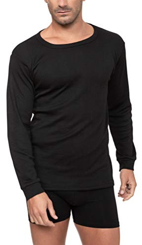 Camiseta Interior Térmica Algodón Manga Larga Hombre Cuello Redondo Colores Lisos (Negro, L)