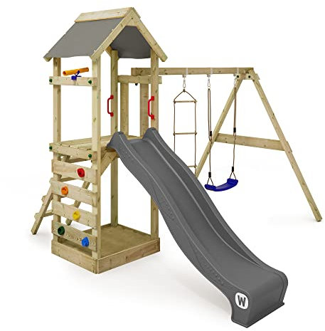 WICKEY Spielturm Klettergerüst FreeFlyer mit Schaukel & anthraziter Rutsche, Outdoor Kinder Kletterturm mit Sandkasten, Leiter & Spiel-Zubehör für den Garten
