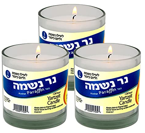 Yahrzeit Lot de 3 bougies commémoratives Ner Neshama 26 heures casher Yizkor Yarzheit Bougies commémoratives juives 1 jour dans un bocal en verre