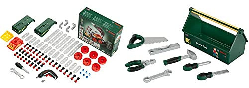 Theo Klein 8497 Multi-Tech Konstruktionsset mit Bosch Ixolino I 107 Bauteile I Batteriebetriebener Ixolino mit Licht und Sound & 8573 Bosch Werkzeug-Box I 7-teiliges Werkzeug-Set