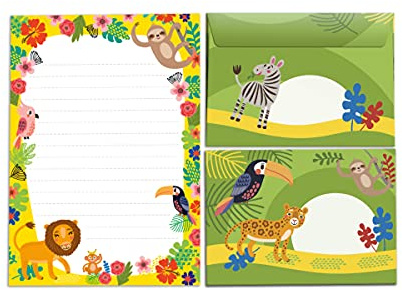 Bloc de cartas con sobre para niños, animales, perezoso, loro, león, mono, juego de papel de carta (bloc A5 con 25 hojas + 15 sobres)