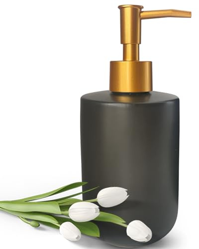 Flüssigseifenspender für Badezimmer mit Goldener Pumpe, Spülbecken, nachfüllbarer Seifenspender für die Arbeitsplatte, Lotion, Keramik, 420 ml (zylindrische, Matte Schwarze Flasche)