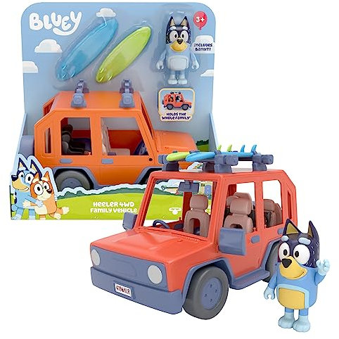 Giochi Preziosi, Jeep Bluey della Famiglia Heeler con Personaggio Bandit, Giochi Bambini 3 Anni +, Veicolo Jeep a Ruota Libera, Tetto Apribile, Adesivi Decorativi e 2 Tavole da Surf