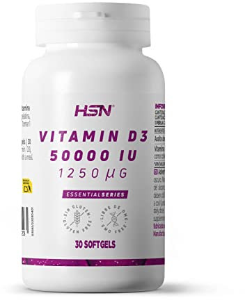 HSN Vitamina D3 Colecalciferol 50000UI | 30 Perlas (1 Perla cada 14 Días) | Alta Concentración Vitamina D | Aceite de Lino para Mejorar la Absorción | No-GMO, Sin Gluten ni Lactosa