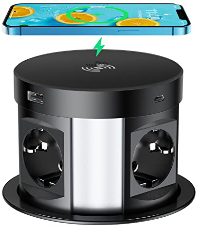 Infällbart uttag 2, USB C, 4-vägs bordsuttag, skrivbord med QI trådlös laddning, infällbart uttagstorn 2, USB A, uttagslist, 3680 W/16 A, 1,7 kabel svart D 120 mm