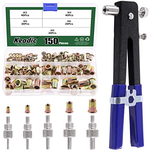 Keadic Nietmutternzangen Set inklusive 100 Stück Nietmuttern M3 M4 M5 M6 M8 professionelles Nietmuttern Set mit Doppelgriff Mutternpistole,Hand Riveter Rivet Gun Riveting Tools-blau ﻿
