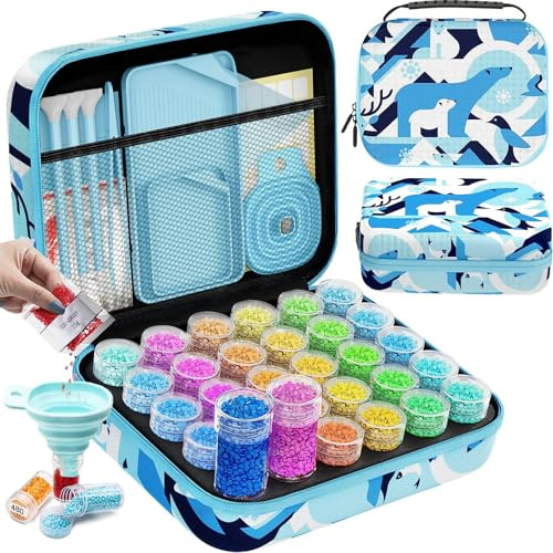 ARTDOT 5D Diamond Art Storage Boxes with 30 Slots, 71pcs Diamond Painting Accessories and Tools Kits with Pens for Adults(Blue)