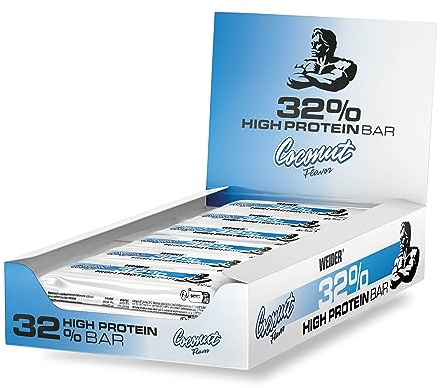 WEIDER 32% Protein Bar, délicieuse barre protéinée enrobée de chocolat fin, haute teneur en protéines, barre énergétique, snack musculation, noix de coco, 12 x 60 g