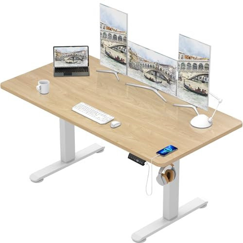 TRIUMPHKEY Höhenverstellbarer Schreibtisch 180x80cm groß mit USB Ladeanschluss, 3 Memory-Steuerung Schreibtisch Höhenverstellbar Anti-Kollisions Computertisch Höhenverstellbarer Tisch Eiche