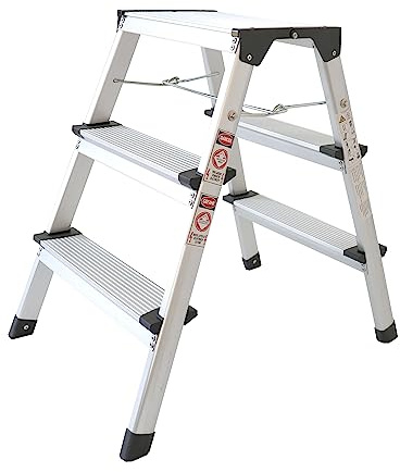 Lemodo Alu Trittleiter zusammenklappbar | 3 Stufen | 61 cm Höhe | Leichter Klapptritt, Tritthocker | klein und kompakt | mit rutschfesten Füßen | belastbar bis 150 kg | Haushaltsleiter