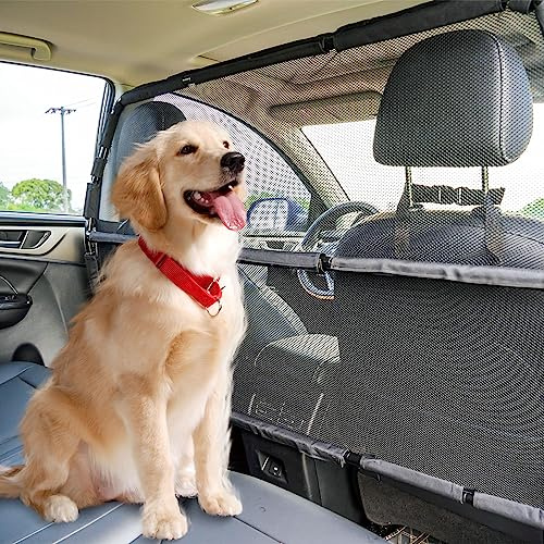 Dog Car Barrier Escape-Proof, 56 Wide Divider for 2nd 3rd Row Seats & Cargo Area, Durable Back Seat Gate Trunk Barrier with See Through Net Mesh for Trucks, Large SUV & Full Sized Vehicles