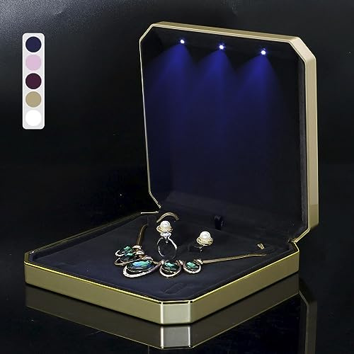 HSLFUAI Smyckeskrin med LED-ljus för halsband, lyxig presentask med svart sammetsinredning - perfekt för bröllop, födelsedag, alla hjärtans dag, mors dag, jul