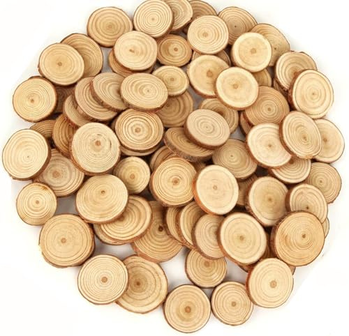 100PCS Dischi Legno Grezzo 3cm, BetterJonny Legno da Decorare Diametro Sotto i 3 cm con Fori e Non Rifinite Fette di Legno con Corteccia per Natale Segnaposto Pirografo Intagliare