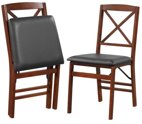 TANGZON Folding Chairs Set of 2, Rubber Wood Padded Dining Chairs with PVC Leather/Linen Fabric Exterior, Home Office Upholstered Guest Conference Seats (Cross Backrest, 2, count)