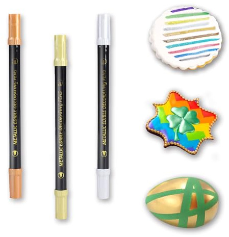 Edible Metallic Markers, 3Pcs Food Shimmering Color Pens With Dual Tips For Cookie/Cake/Cupcake/Fondant/Baking Decorating By Preatoc (GOLD, SILVER, ROSE GOLD, SET OF 3)