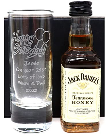 Regalo Personalized Engraved Tall Shot Glass & Miniature Alcohol Gift Set for Son's 18th & Daughter's 21st Birthday - Birthday Design (Honey Whiskey)