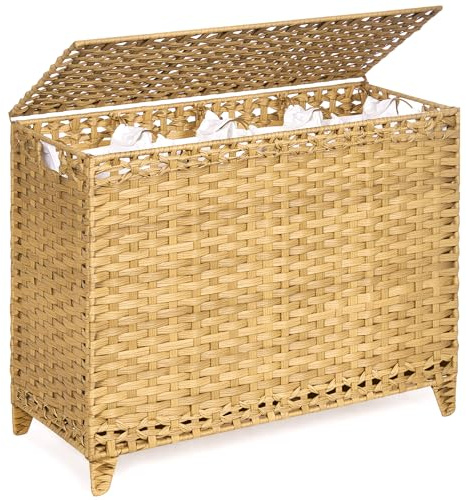 Laundry Hamper with 4 Removable Liner Bags; 176L Handwoven Rattan Laundry Basket with Lid & Heightened Feet; Clothes Hamper with Side Handles