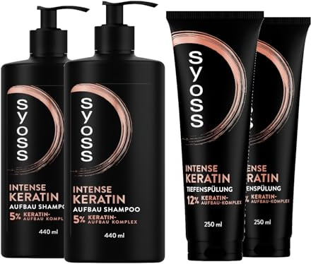 Syoss Shampoo Keratin (2x 440 ml) für schwaches & brüchiges Haar, glättet die Haarfaser & Tiefenspülung Keratin (2x 250 ml) reichhaltige Spülung mit Keratin bekämpft Frizz & sorgt für Glanz