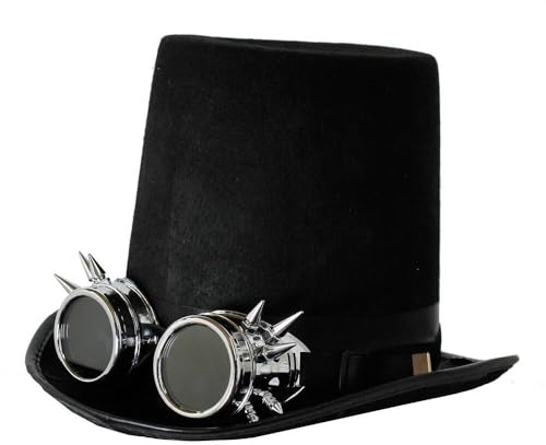 Steampunk - Sombrero de bolos negro con gafas plateadas, disfraz gótico para adultos, accesorio victoriano, festival de Halloween