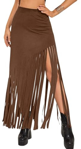 Ella Lust Women's Deep Brown Fringe Maxi Skirt - Sexy Festival Outfit, High Waist A-line, S (Waist 32), Regular Height, Regular Body Type