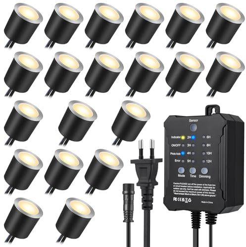 SMY Lighting Lote de 20 Focos LED Empotrables al aire libre Regulable con Temporizador y Sensor de Célula Fotoeléctrica, Ø32mm 0,6W Spot Terraza Exterior Empotrable IP67 Impermeable, Blanco Cálido