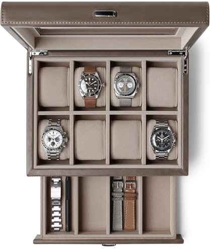 TAWBURY 8-Fach-Uhrenbox mit Aufbewahrungsschublade – Premium-Uhrenaufbewahrungsbox für Herren (Taupe)