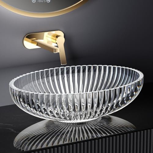 EMKE Lavabo à Poser en Verre Cristal, Lavabo Ovale Transparent, 51 x 35 x 15 cm, Lavabo de Haute Qualité pour Salle de Bain et WC Invités, Vasque Sans Trou pour Robinet